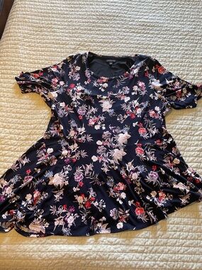 Lane Bryant Navy Floral Asymmetrical Peplum Blouse with Pink & Cream Blooms